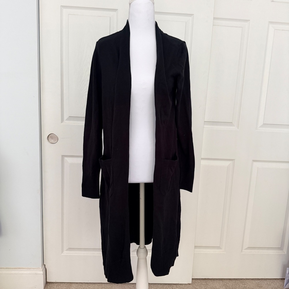 Isaac Mizrahi Live Cardigan Womens Small Black Longline Duster Open Front Pocket